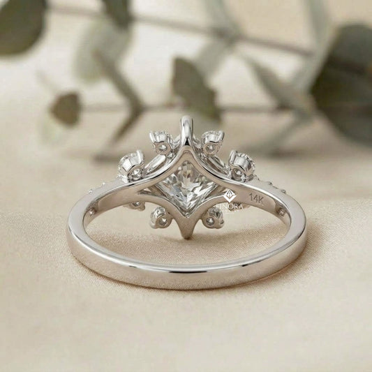 Princess Cut Diamond Cluster Engagement Ring – Regal Radiance in 925 Silver, 10K/14K Yellow, White & Rose Gold, or Platinum – Finora Elegant Snowflake-Inspired Design for Her