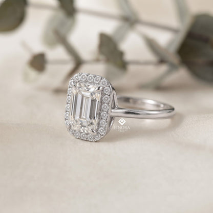 Emerald Cut Moissanite Halo Engagement Ring – Dainty Promise Ring – Anniversary / Birthday / Wedding Gift – 925 Silver / 10K / 14K / Platinum – White / Yellow / Rose Gold – Finora Jewelry