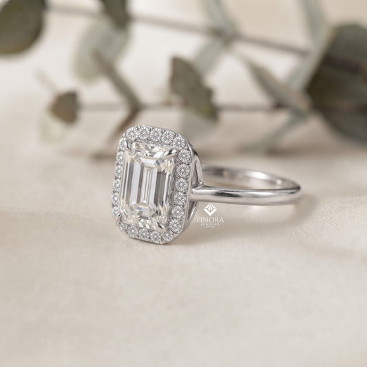 Emerald Cut Moissanite Halo Engagement Ring – Dainty Promise Ring – Anniversary / Birthday / Wedding Gift – 925 Silver / 10K / 14K / Platinum – White / Yellow / Rose Gold – Finora Jewelry