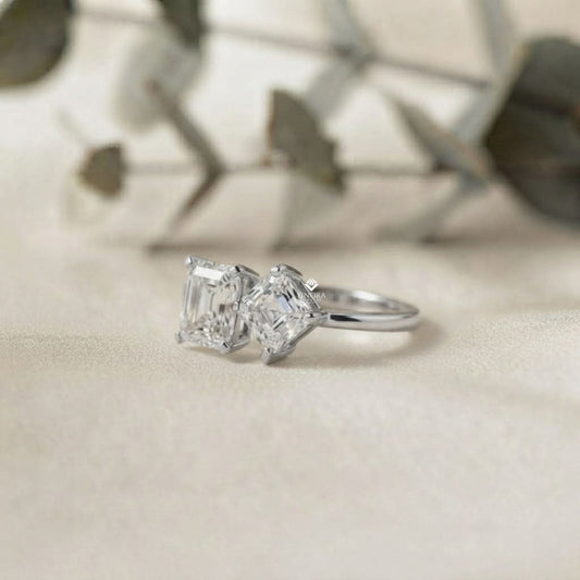 Two-Stone Emerald Square & Radiant Cut Diamond Open Ring in 925 Silver, 10K/14K Gold, or Platinum – Finora Jewelry