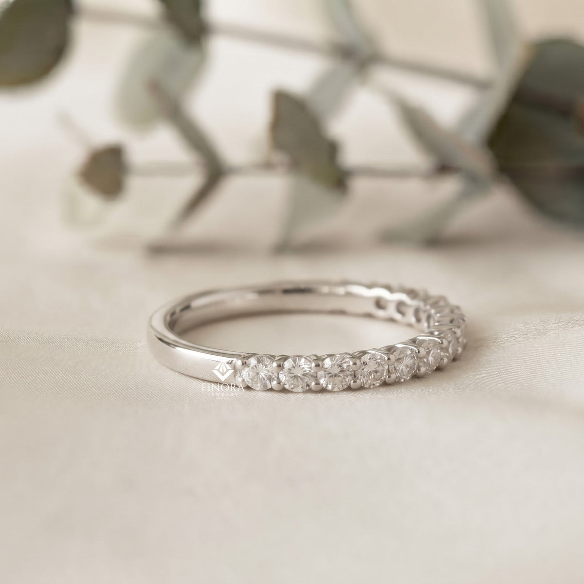 classic round cut moissanite half eternity wedding band, stackable minimal ring – finora jewelry