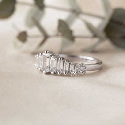 Baguette & Princess Cut Moissanite Wedding Band, Modern Half Eternity Ring – Finora Jewelry