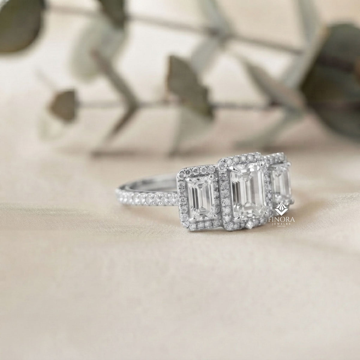 emerald cut moissanite three-stone engagement ring with halo | 2.11 ct | 925 silver, 10k & 14k gold