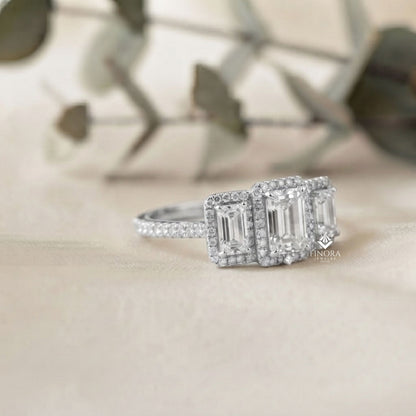 Emerald Cut Moissanite Three-Stone Engagement Ring with Halo | 2.11 CT | 925 Silver, 10K & 14K Gold