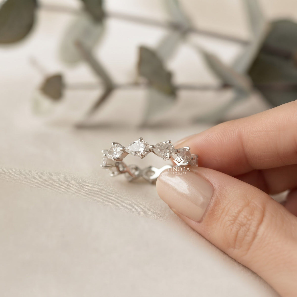 pear cut moissanite half eternity wedding band, stackable ring – finora jewelry
