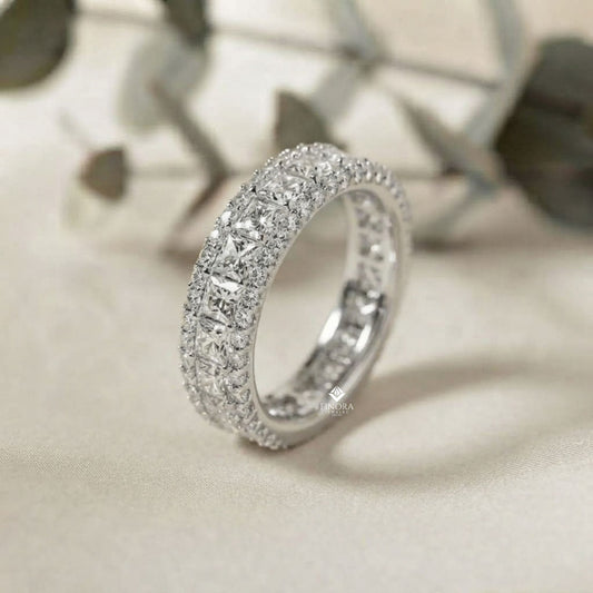 Princess-Cut Diamond Triple Row Wedding Band – Bold Eternity Ring for Couples in Silver, Gold & Platinum – Finora Radiant Glamour Statement