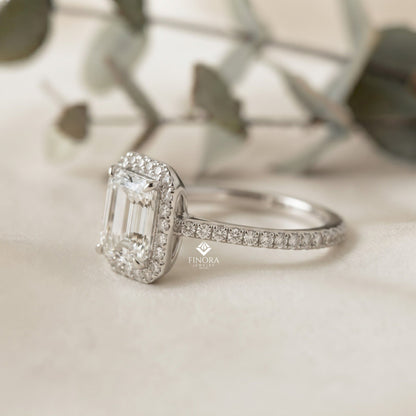 Emerald Cut Halo Ring with Diamond Accents by Finora Jewelry