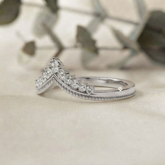 Chevron Crown Diamond Wedding Band – Milgrain V-Shape Tiara Design in 925 Silver, 10K/14K Rose, White & Yellow Gold, or Platinum – Finora Vintage Sparkle for Her