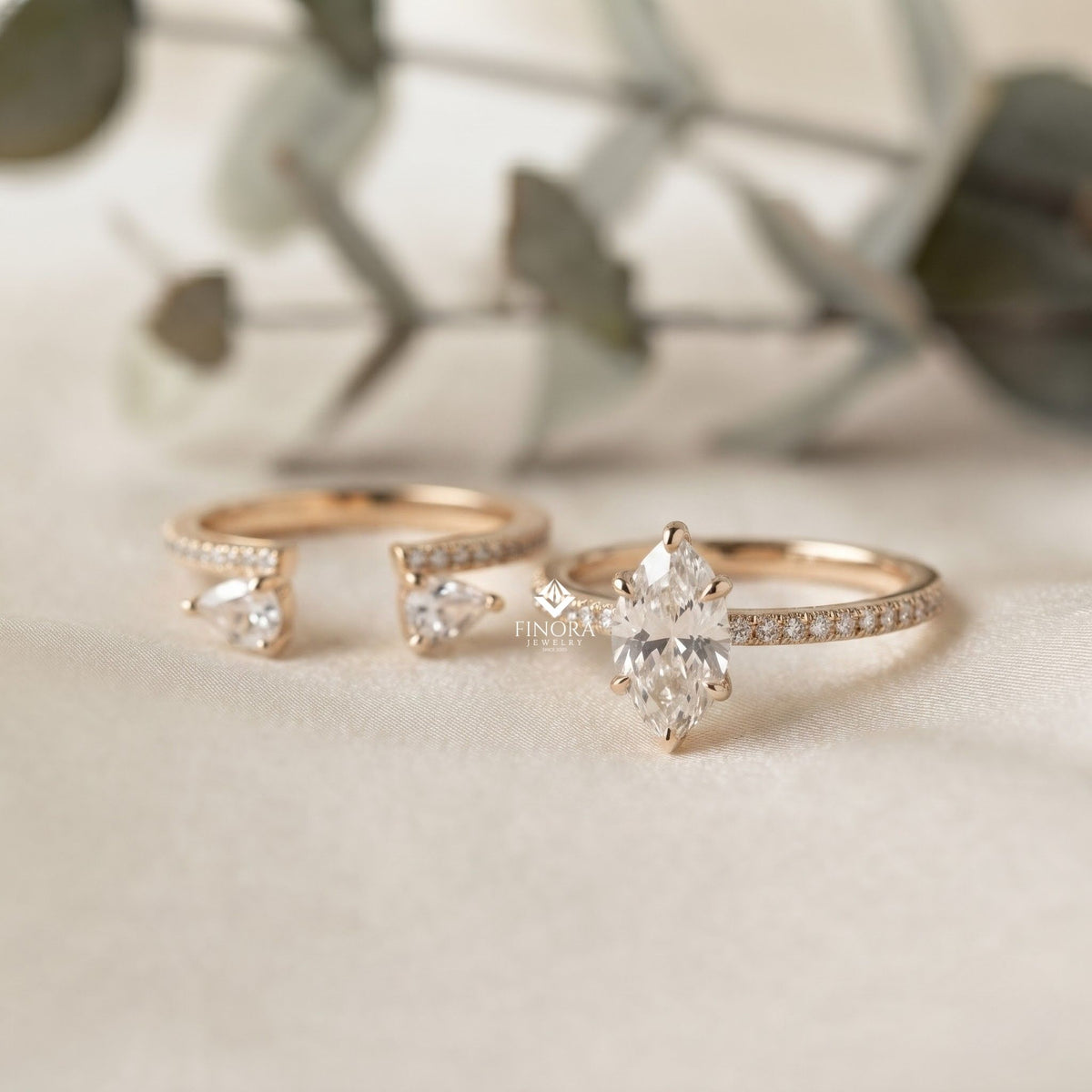 marquise wedding ring set – elegant gold bridal ring – fine jewelry for engagement