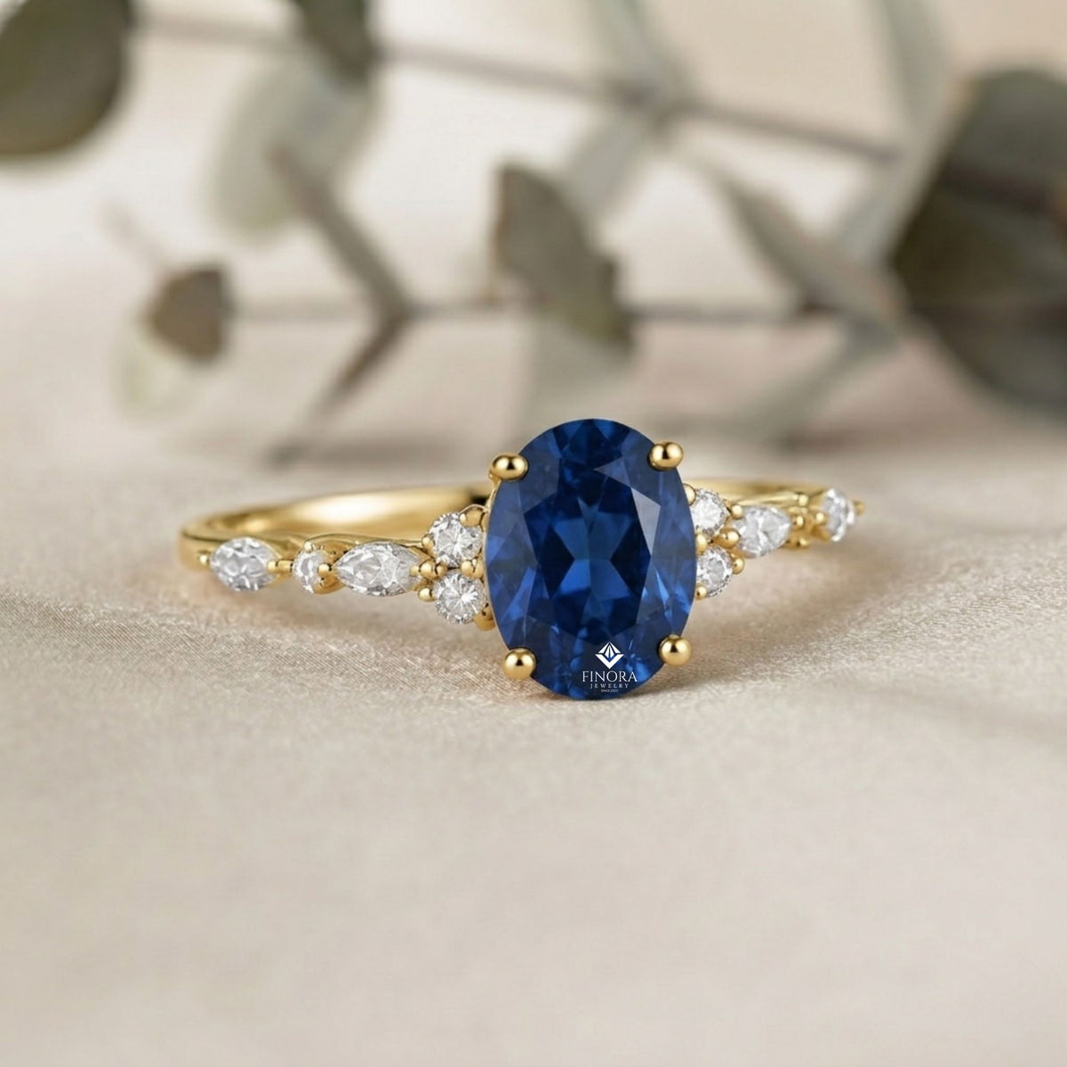 oval blue sapphire and diamond cluster ring – dainty gold engagement ring