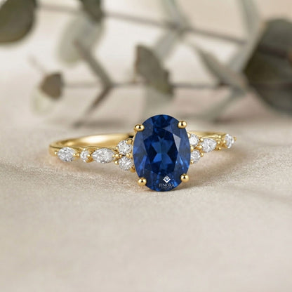 Oval Blue Sapphire and Diamond Cluster Ring – Dainty Gold Engagement Ring