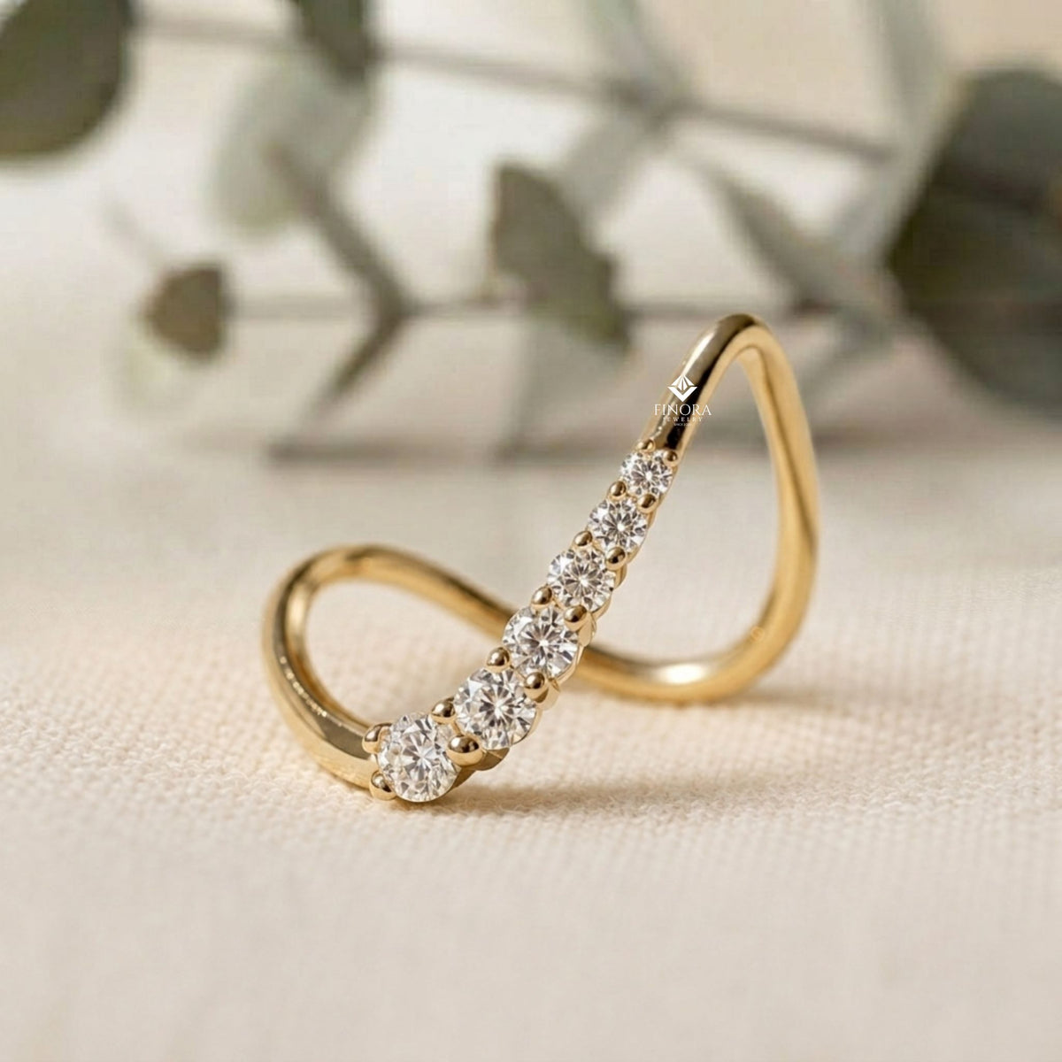 wave diamond stacking ring –  minimalist curved gold band – dainty contoured bridal jewelry