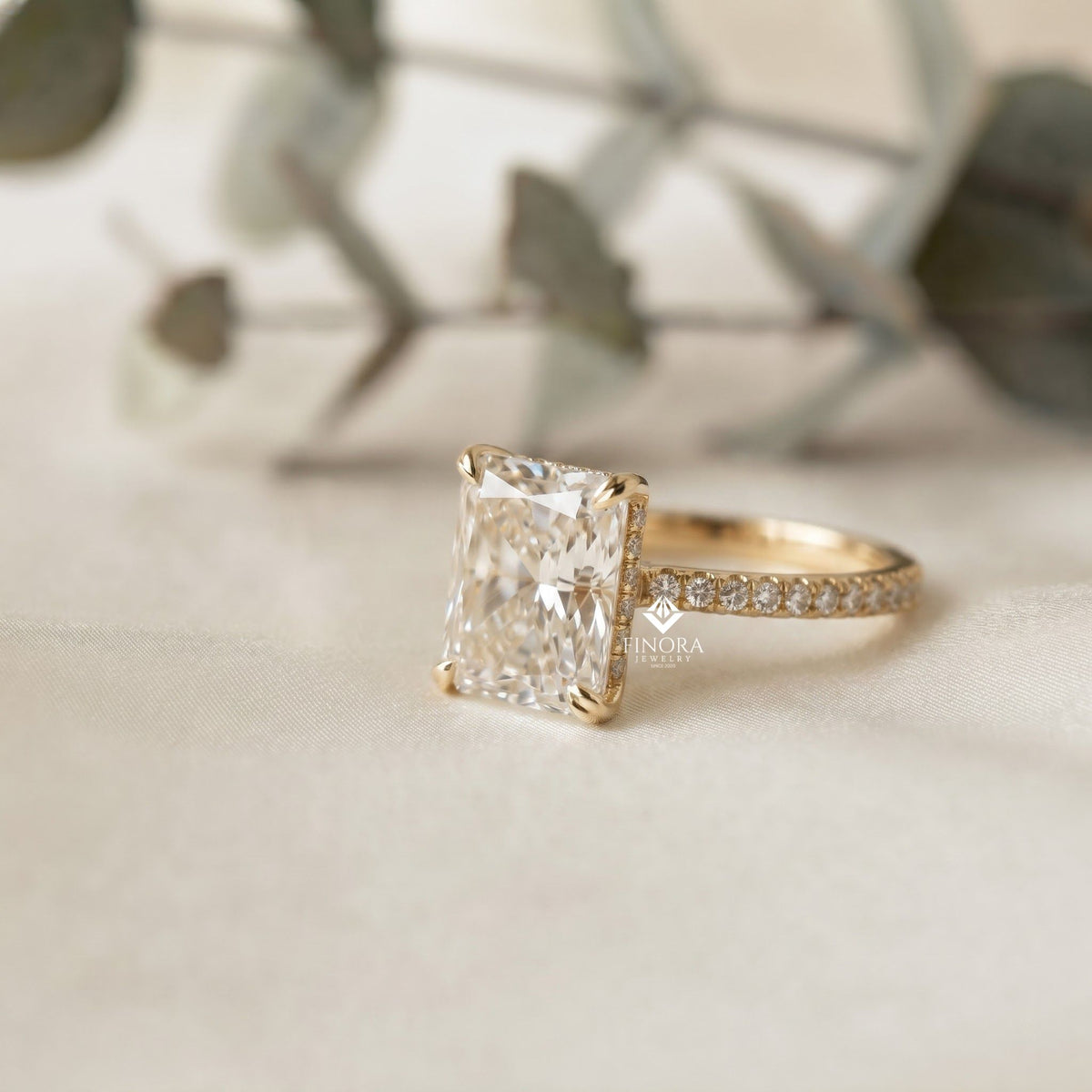 radiant cut moissanite engagement ring –  hidden halo gold bridal jewelry