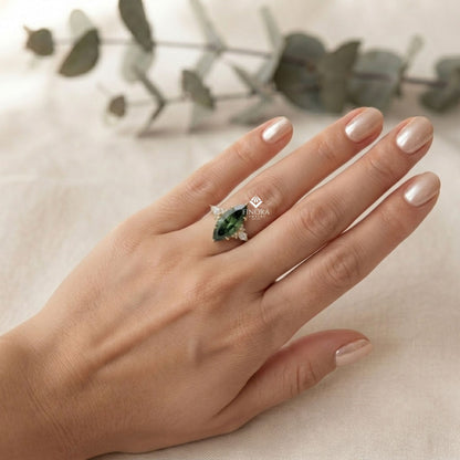 Green Marquise Cut Engagement Ring – Gold Cluster Design, Everyday Elegance
