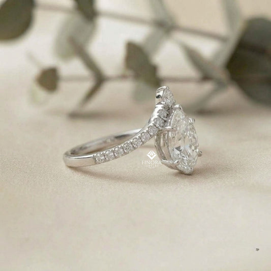 Pear Cut Diamond Engagement Ring with Accent Pear & Pavé Band in 925 Silver, 10K/14K Gold, or Platinum – Finora Jewelry
