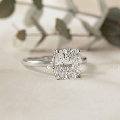 Cushion Cut Moissanite Solitaire Engagement Ring – Elegant 4-Prong Setting in White Gold, Yellow Gold, Rose Gold, or Platinum | Finora Jewelry