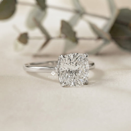 Cushion Cut Moissanite Solitaire Engagement Ring – Elegant 4-Prong Setting in White Gold, Yellow Gold, Rose Gold, or Platinum | Finora Jewelry