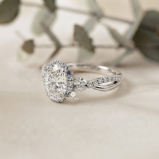 Finora Jewelry Oval Halo Diamond Engagement Ring – Twisted Pavé Band with Pear Accents – Available in 10K, 14K Gold (White, Rose, Yellow), 925 Sterling Silver & Platinum