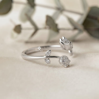 Dual Tulip Bypass Ring – Adjustable Floral Diamond Ring –  Minimalist Gold Botanical Jewelry