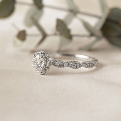 Rose Flower Engagement Ring –  Botanical Diamond Vine Band – Romantic Floral Gold Jewelry