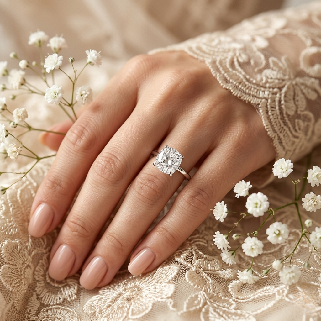 cushion cut moissanite solitaire engagement ring – elegant 4-prong setting in white gold, yellow gold, rose gold, or platinum | finora jewelry