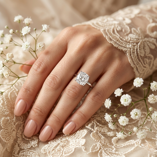Cushion Cut Moissanite Solitaire Engagement Ring – Elegant 4-Prong Setting in White Gold, Yellow Gold, Rose Gold, or Platinum | Finora Jewelry