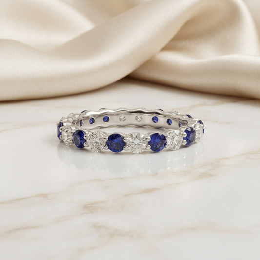 Blue & Colorless Round Cut Moissanite Full Eternity Wedding Band, Stackable Ring – Finora Jewelry
