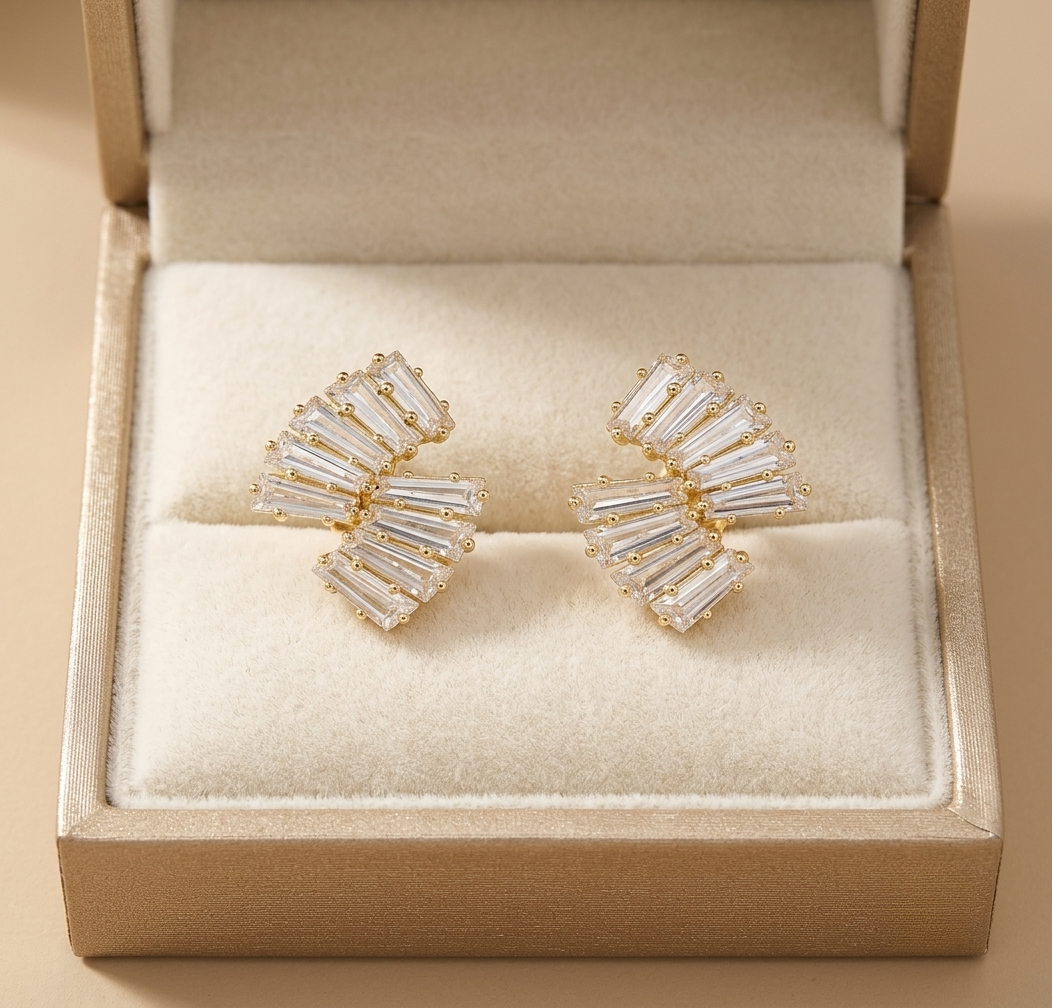 fan-shaped baguette crystal statement studs