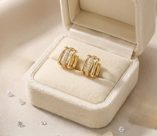 Triple-Band Square Hoop Earrings with Pave Center