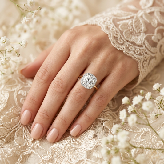 Cushion Cut Halo Moissanite Engagement Ring with Pavé Diamonds – Elegant Cushion Halo in White, Yellow, or Rose Gold | Finora Jewelry