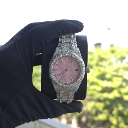 Women’s Iced Out Watch | 36MM | Full White | Pink Dial | Date Display