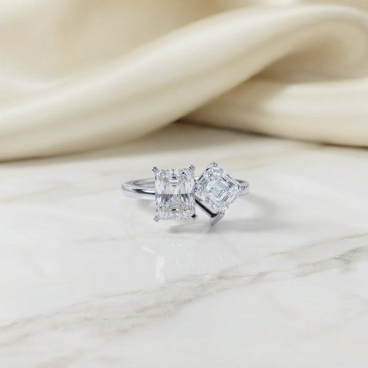 Two-Stone Emerald Square & Radiant Cut Diamond Open Ring in 925 Silver, 10K/14K Gold, or Platinum – Finora Jewelry