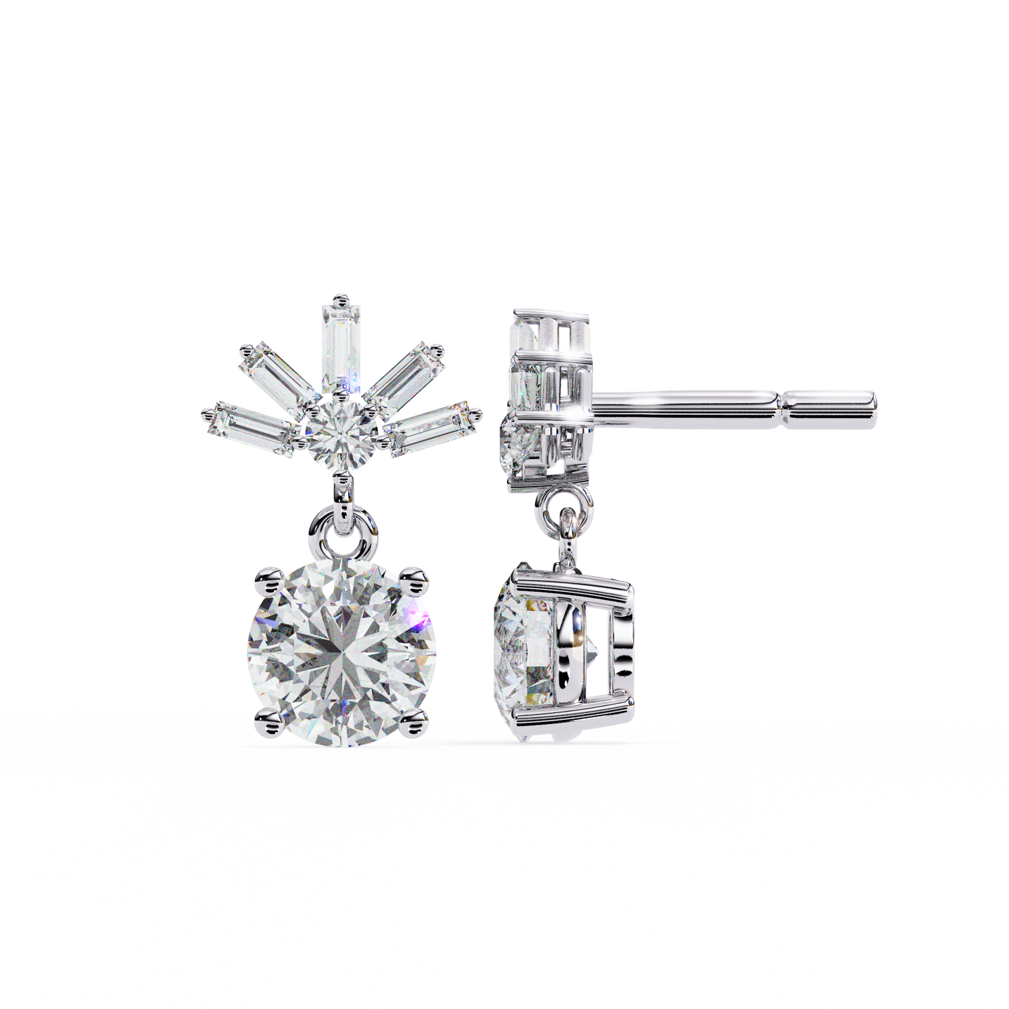 radiant burst drop round & baguette diamond earrings – finora jewelry