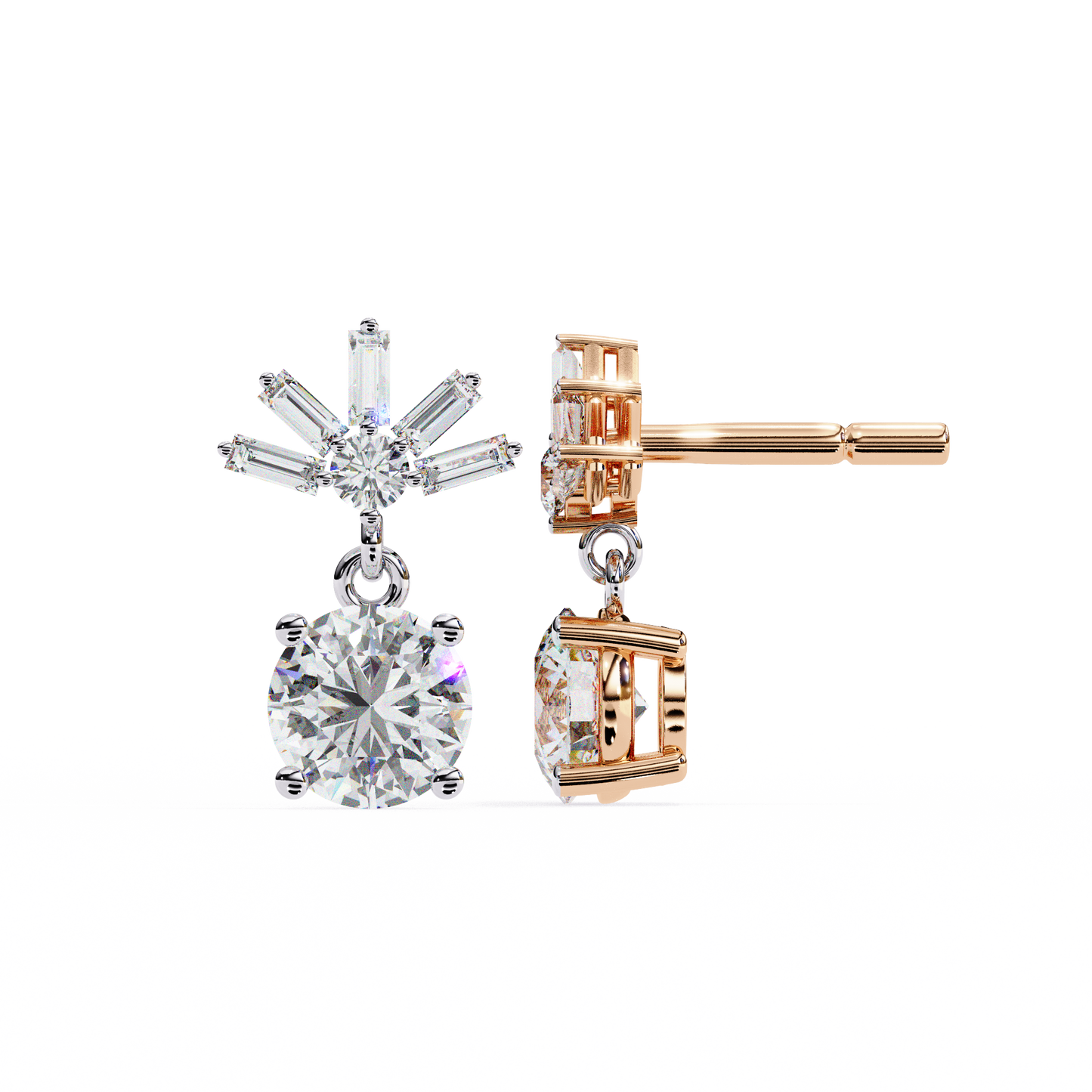 radiant burst drop round & baguette diamond earrings – finora jewelry