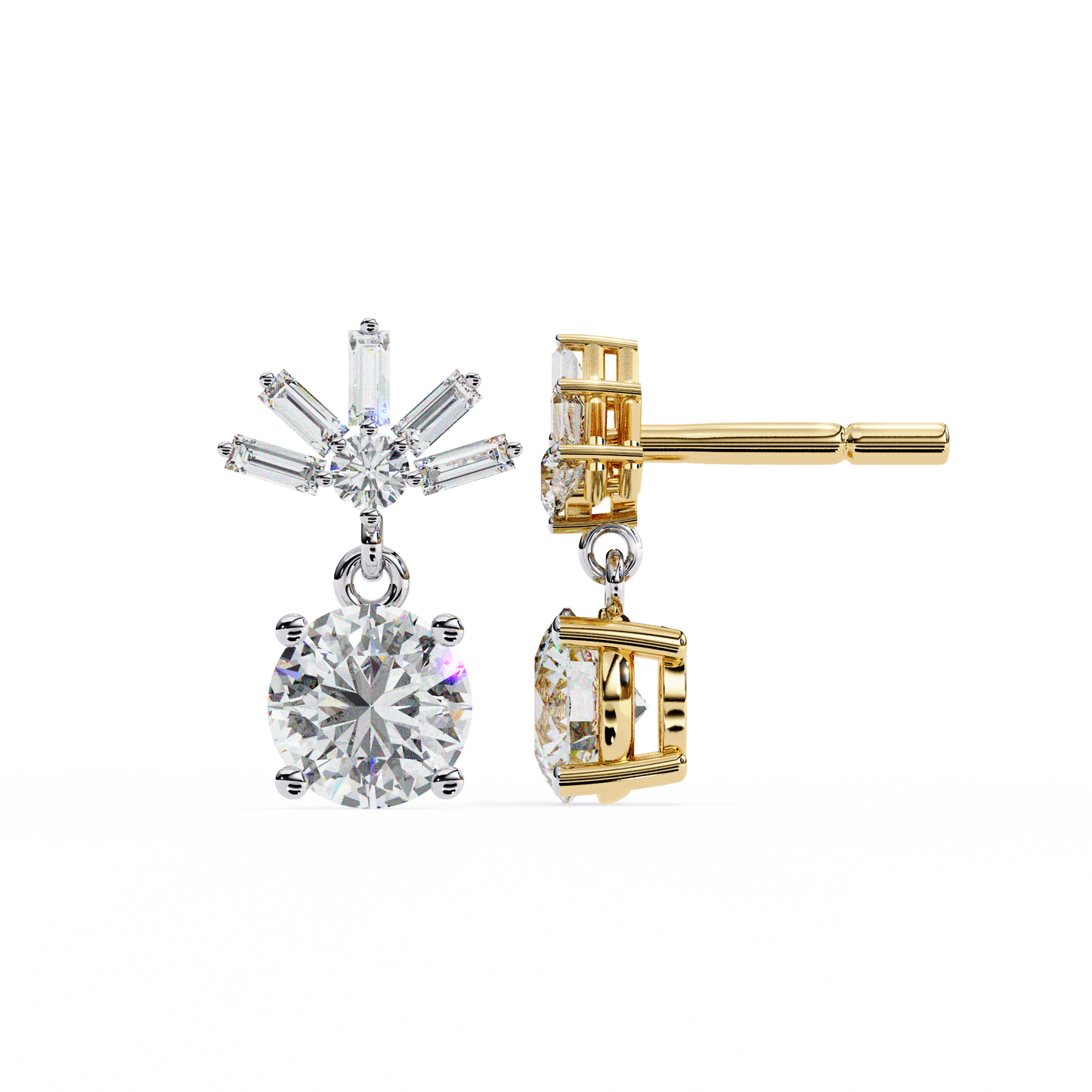 radiant burst drop round & baguette diamond earrings – finora jewelry