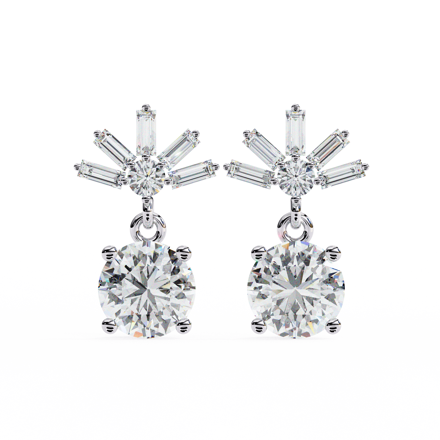 radiant burst drop round & baguette diamond earrings – finora jewelry