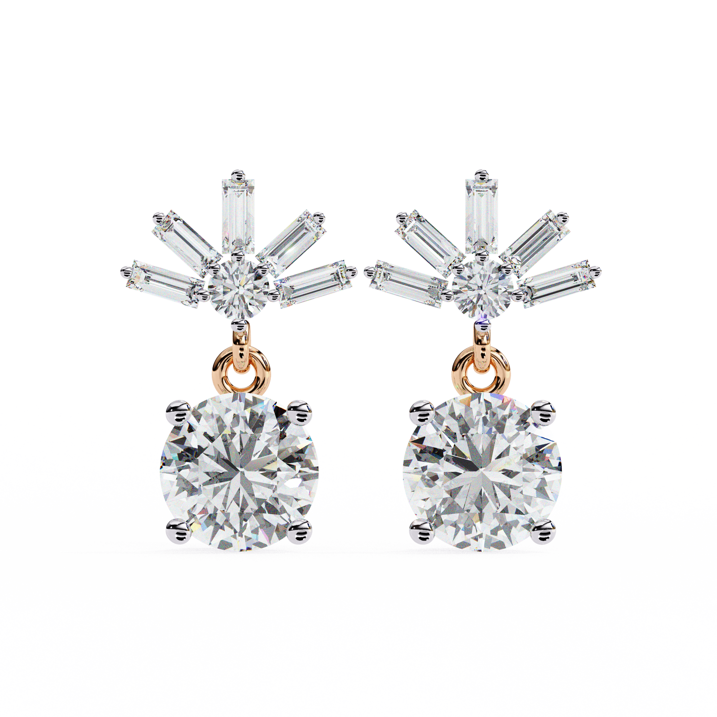 radiant burst drop round & baguette diamond earrings – finora jewelry