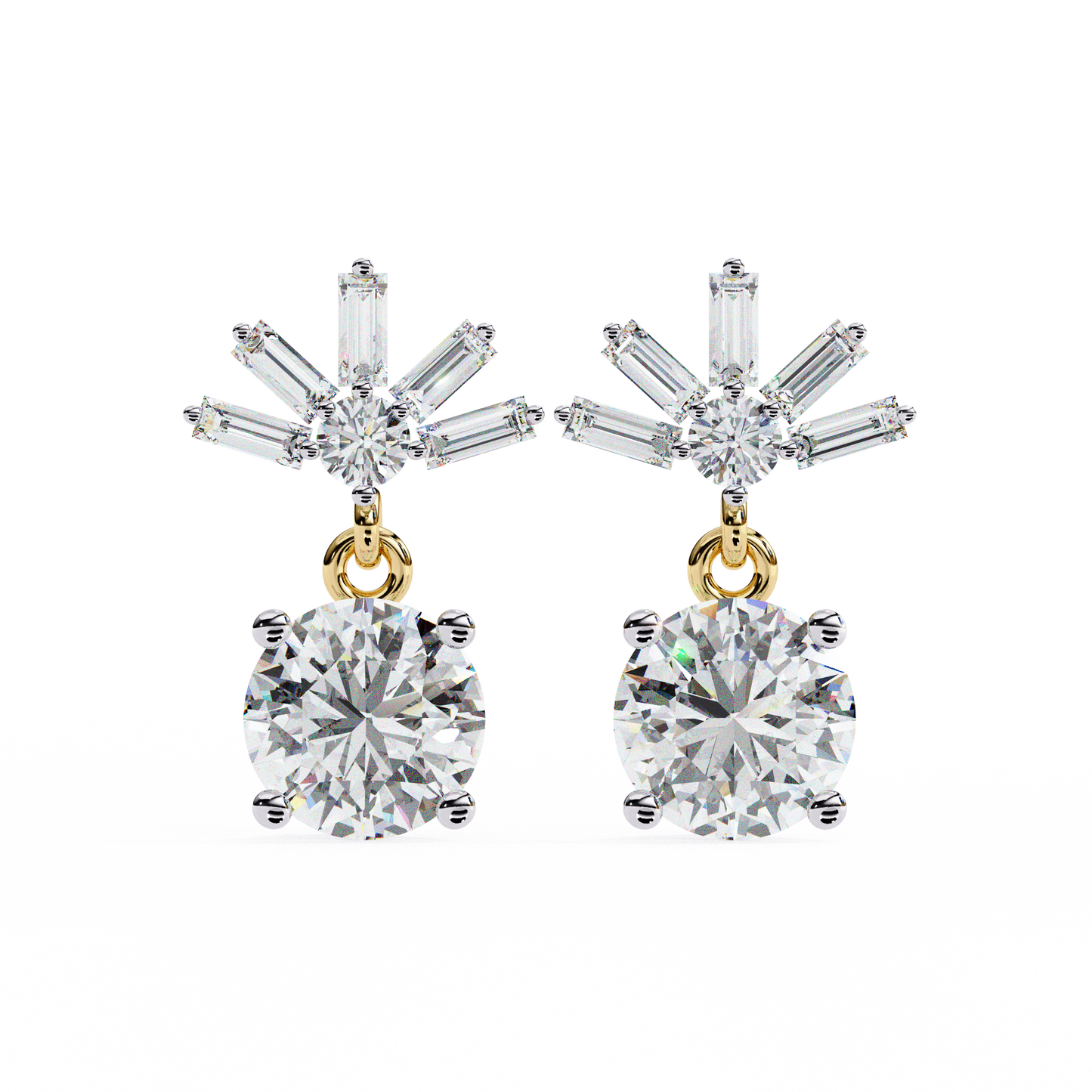 radiant burst drop round & baguette diamond earrings – finora jewelry
