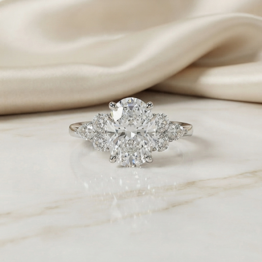 Finora Jewelry – Oval Cut Diamond Seven-Stone Ring – Scalloped Shoulder Design – Available in 10K, 14K Gold (White, Rose, Yellow), 925 Silver & Platinum