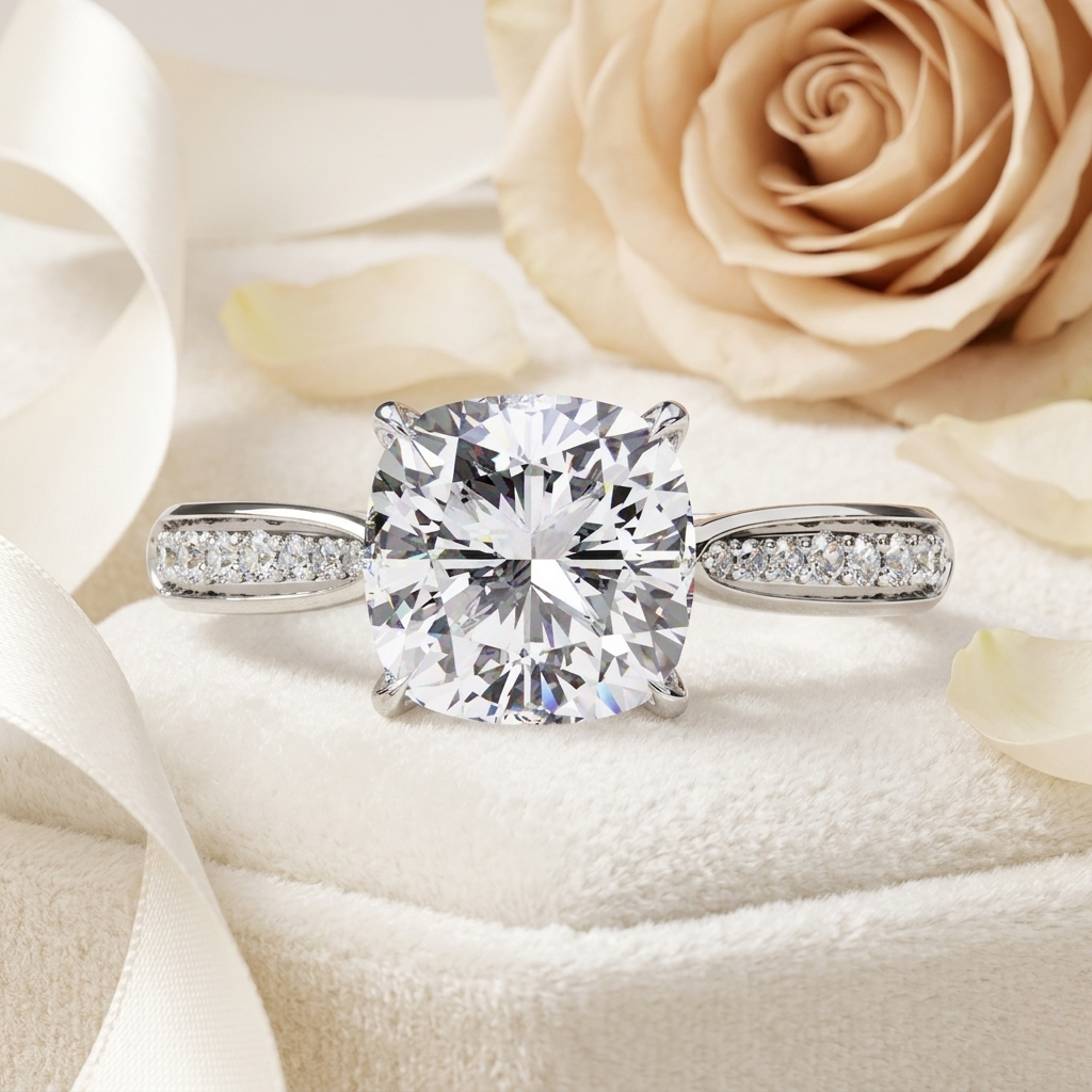 cushion cut diamond engagement ring with pavé band – classic sparkle in white gold or platinum – finora elegant solitaire design – timeless gift for her