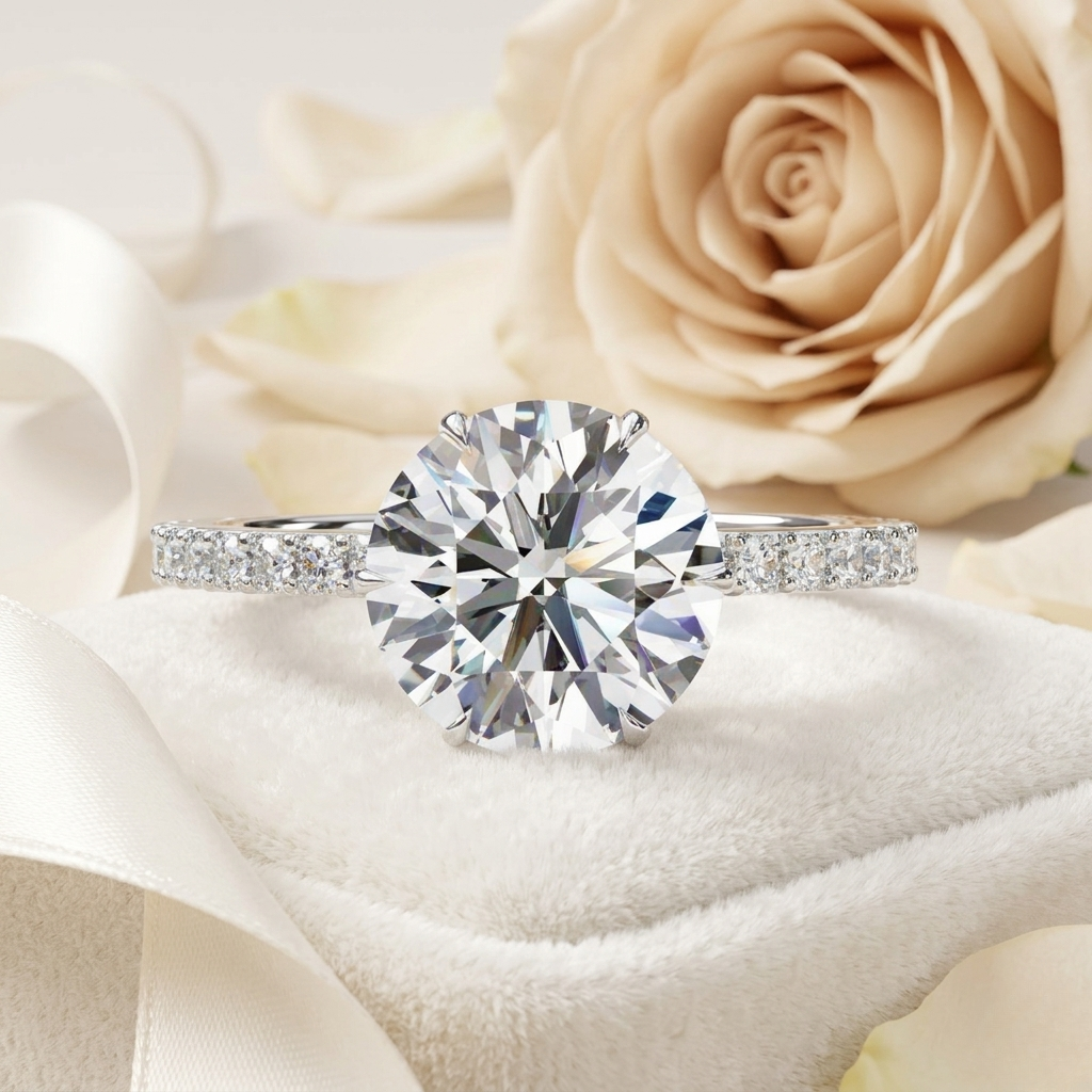 round brilliant moissanite engagement ring with pavé diamond band – classic four-prong solitaire in white, yellow, or rose gold | finora jewelry