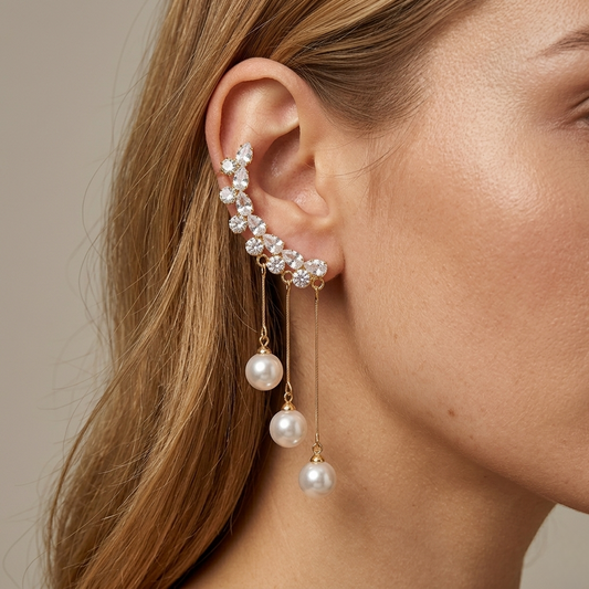 Crystal Ear Crawler with Cascading Pearl Tassels