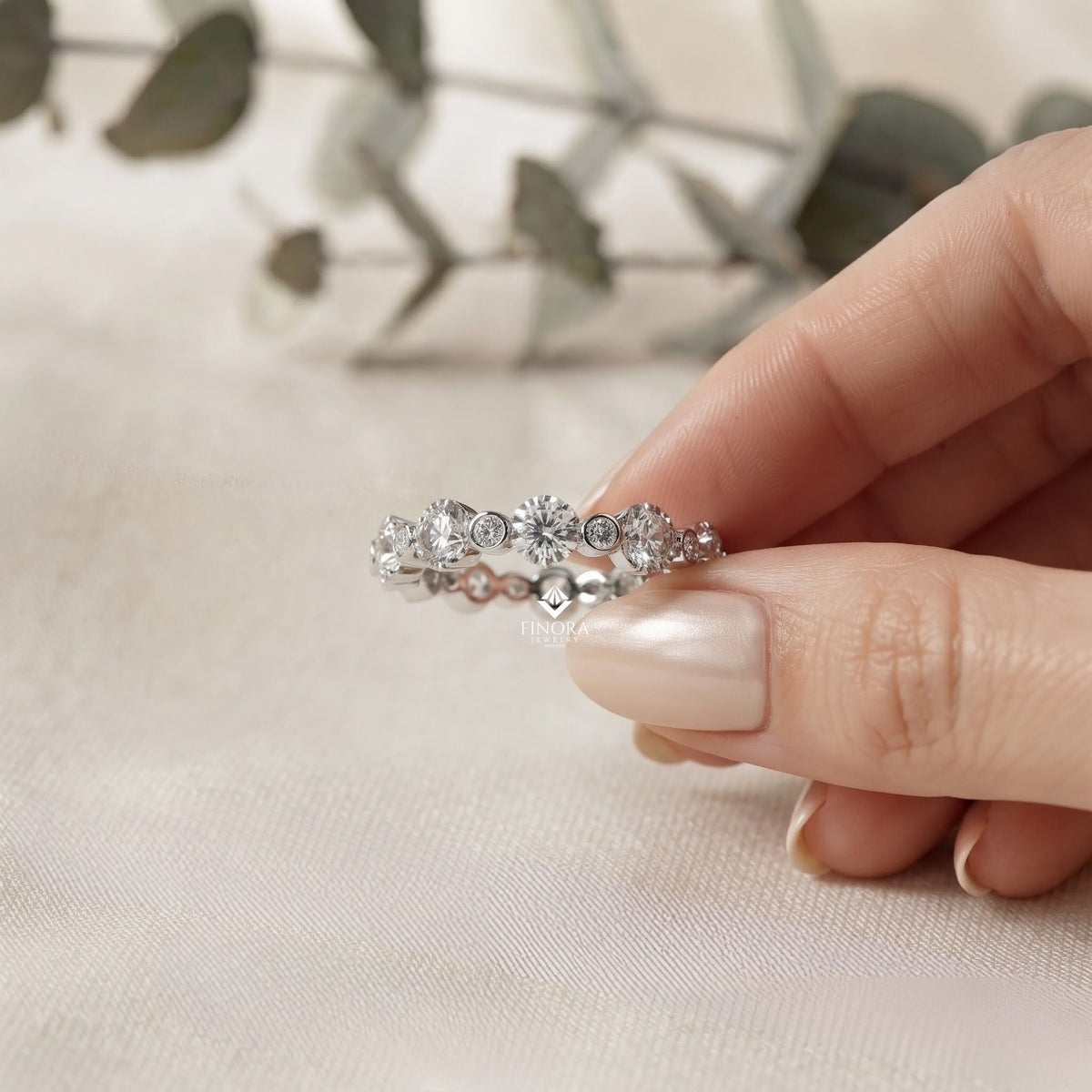 alternating bezel-set diamond eternity band ring in 925 silver, 10k/14k gold (rose/white/yellow), & platinum – finora jewelry