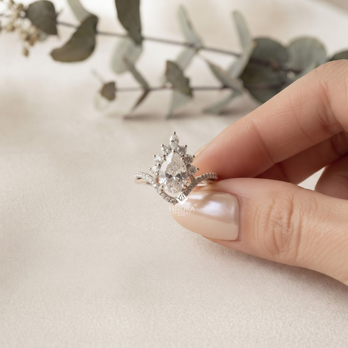 pear cut moissanite halo engagement ring 1.68 ct with marquise & round side stones in 925 silver / 10k & 14k gold