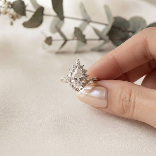 Pear Cut Moissanite Halo Engagement Ring 1.68 CT with Marquise & Round Side Stones in 925 Silver / 10K & 14K Gold