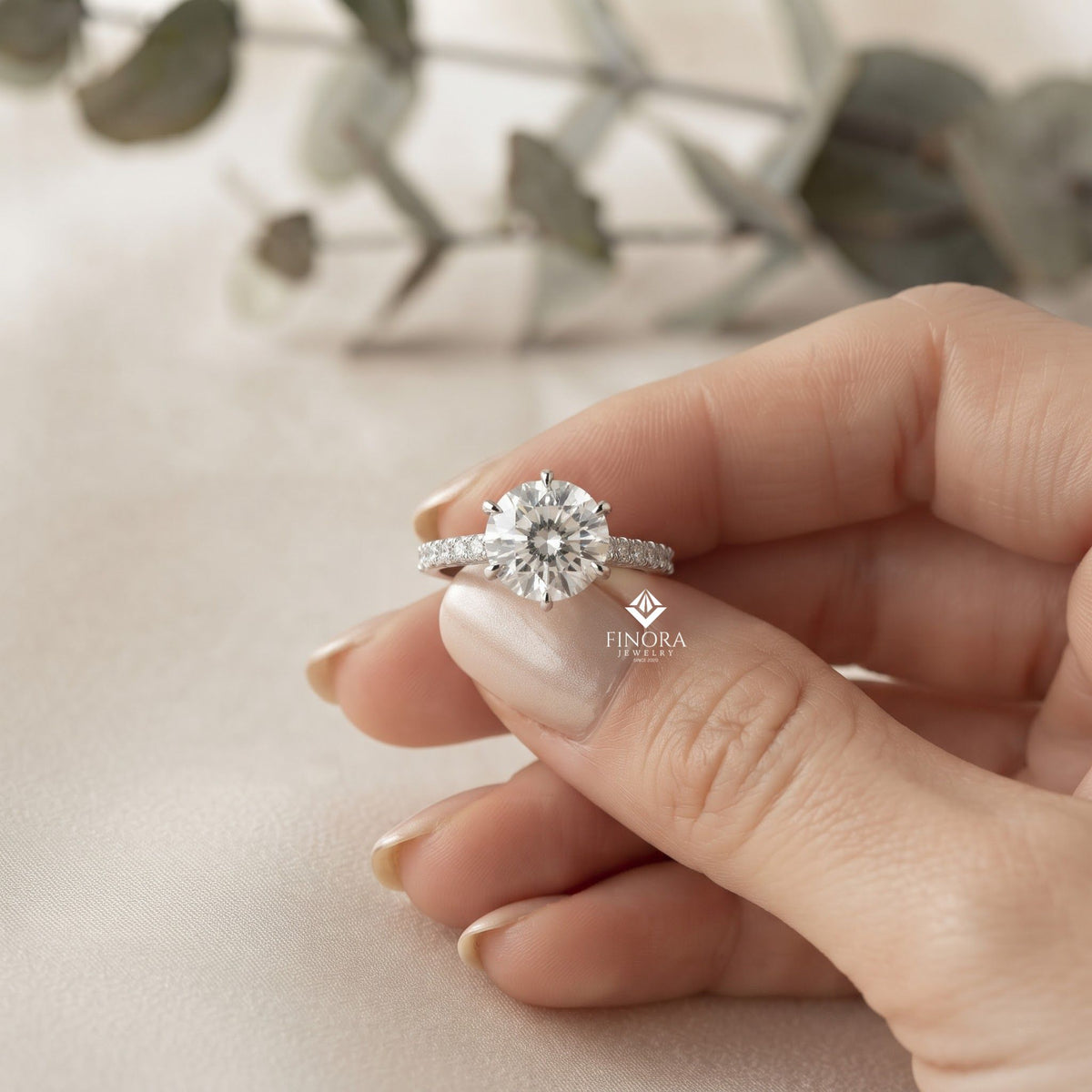 round brilliant moissanite engagement ring with pavé diamond band – classic four-prong solitaire in white, yellow, or rose gold | finora jewelry