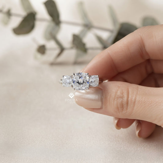 Three-Stone Cushion Cut Diamond Engagement Ring – Trio of Brilliance in White Gold or Platinum – Finora Symbolic Design of Past, Present & Future – Elegant Gift for Her