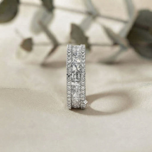Princess-Cut Diamond Triple Row Wedding Band – Bold Eternity Ring for Couples in Silver, Gold & Platinum – Finora Radiant Glamour Statement