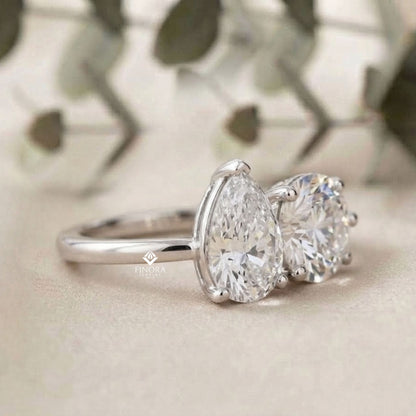 Two-Stone Pear & Round Cut Diamond Engagement Ring – Dual Brilliance in 925 Silver, 10K / 14K Gold, or Platinum – Finora Romantic Symbol of Love’s Harmony – Elegant Gift for Her