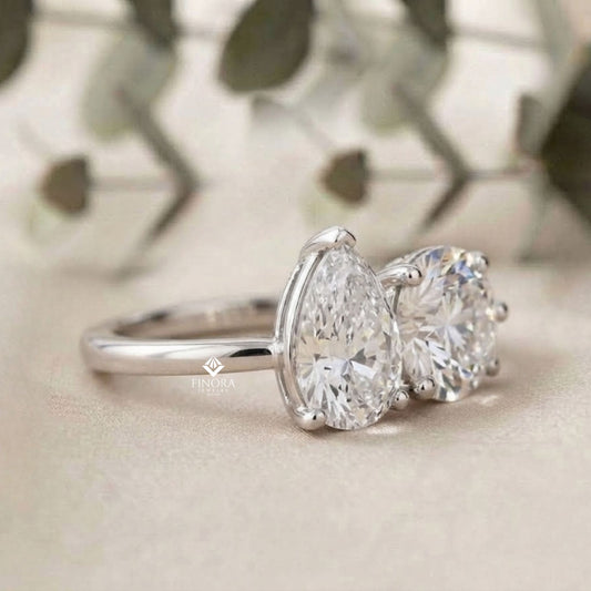 Two-Stone Pear & Round Cut Diamond Engagement Ring – Dual Brilliance in 925 Silver, 10K / 14K Gold, or Platinum – Finora Romantic Symbol of Love’s Harmony – Elegant Gift for Her